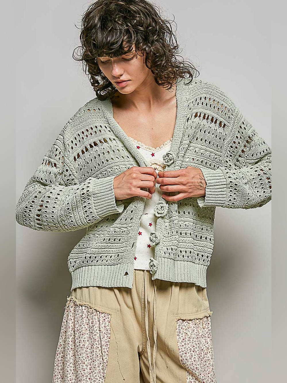 POL Lime Green Open-Knit Cardigan | 3D Floral Button Front Sweater | Boho ποΈ - Picture 3 of 7